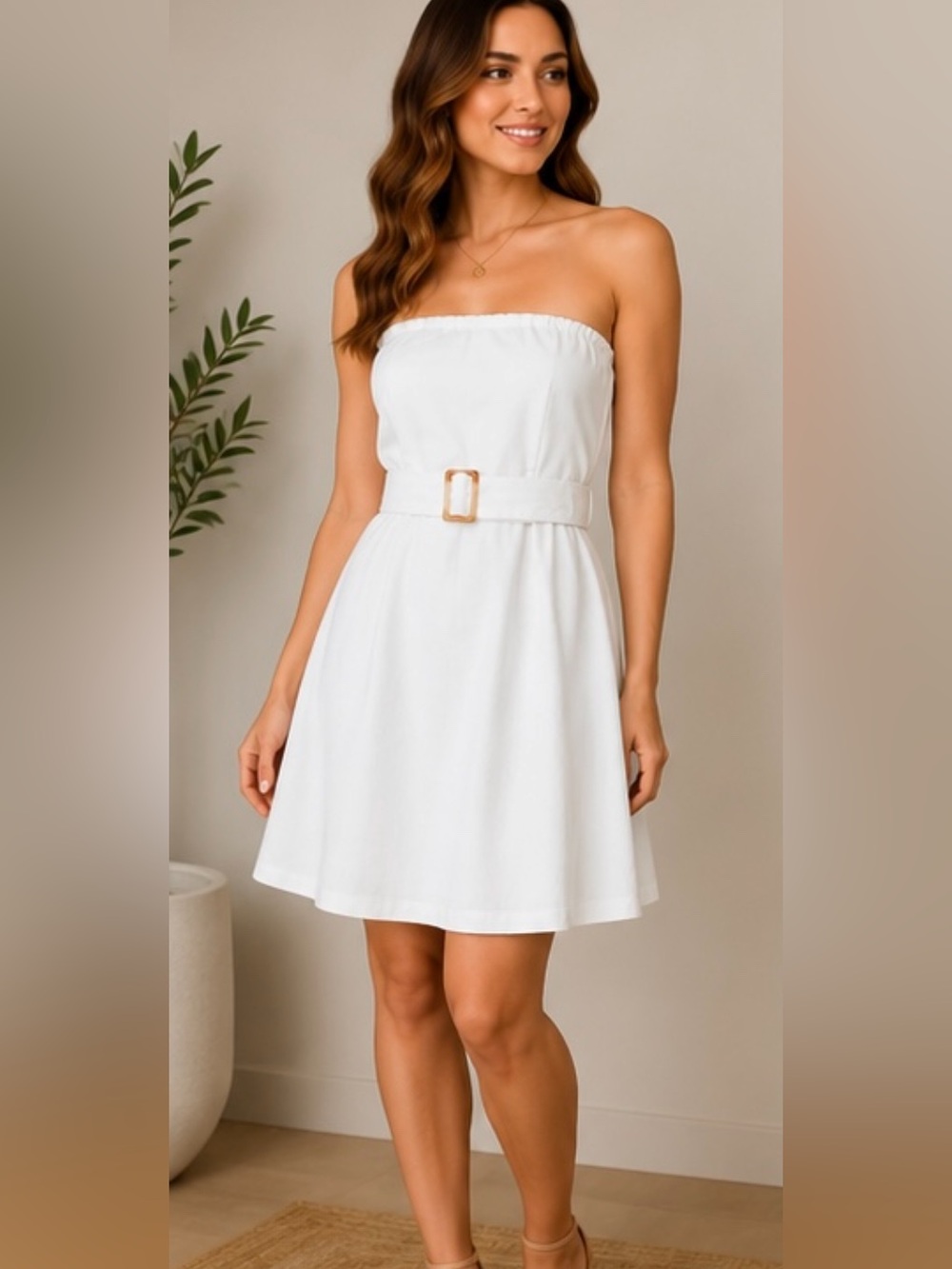 Monteau White Strapless Belted A-Line Dress